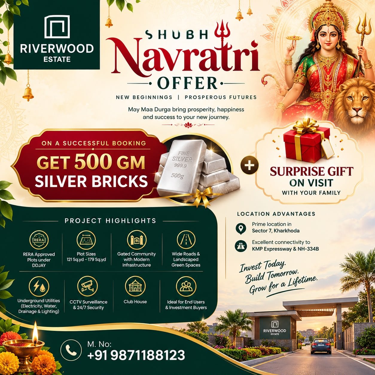 Riverwood Estate Shubh Navratri offer: get 500 gm silver bricks on successful booking, plus a surprise gift on a visit with your family. Contact +91 9871188123.